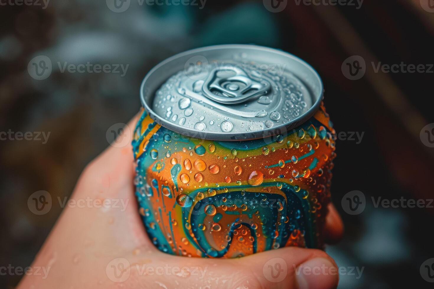 A person holding a can of soda with water droplets on it photo