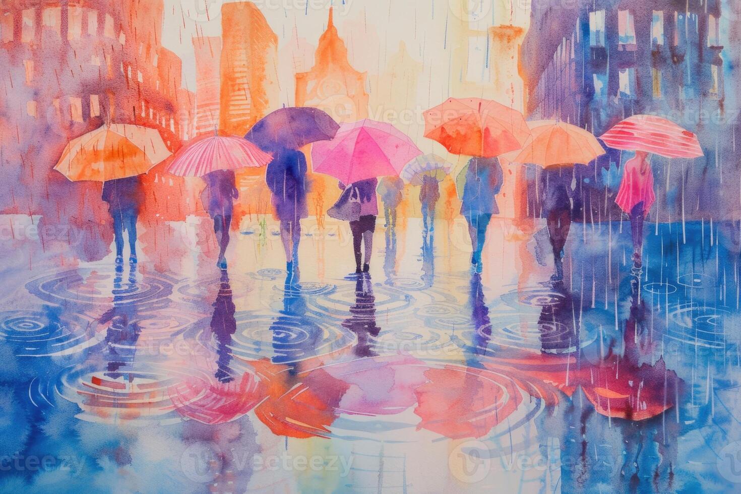 A painting of people walking in the rain with umbrellas photo