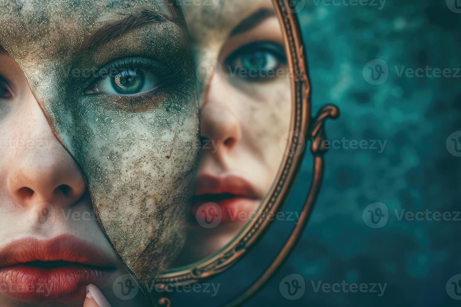 A woman with dirty face and makeup looking in a mirror photo