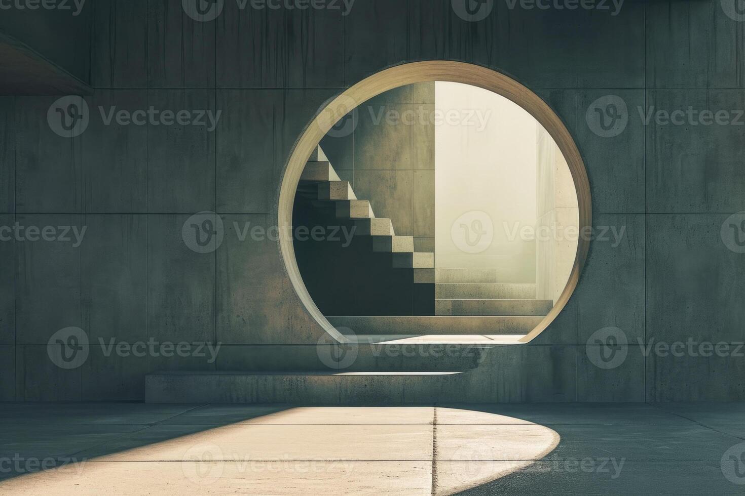 A circular door in a concrete building with stairs photo