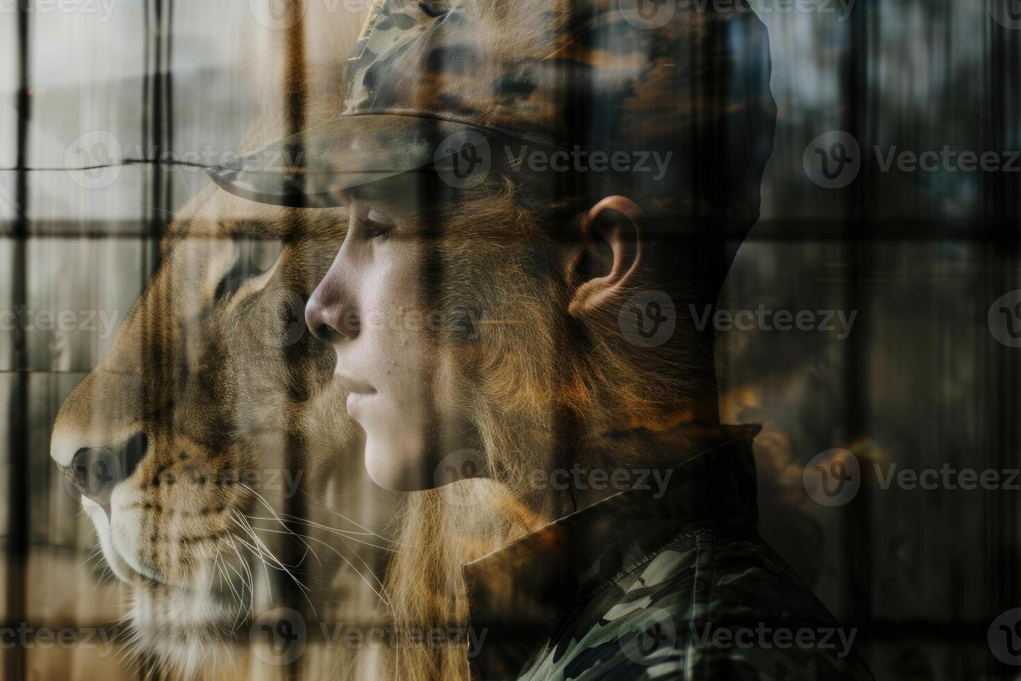 A man in a military uniform is looking at a lion photo