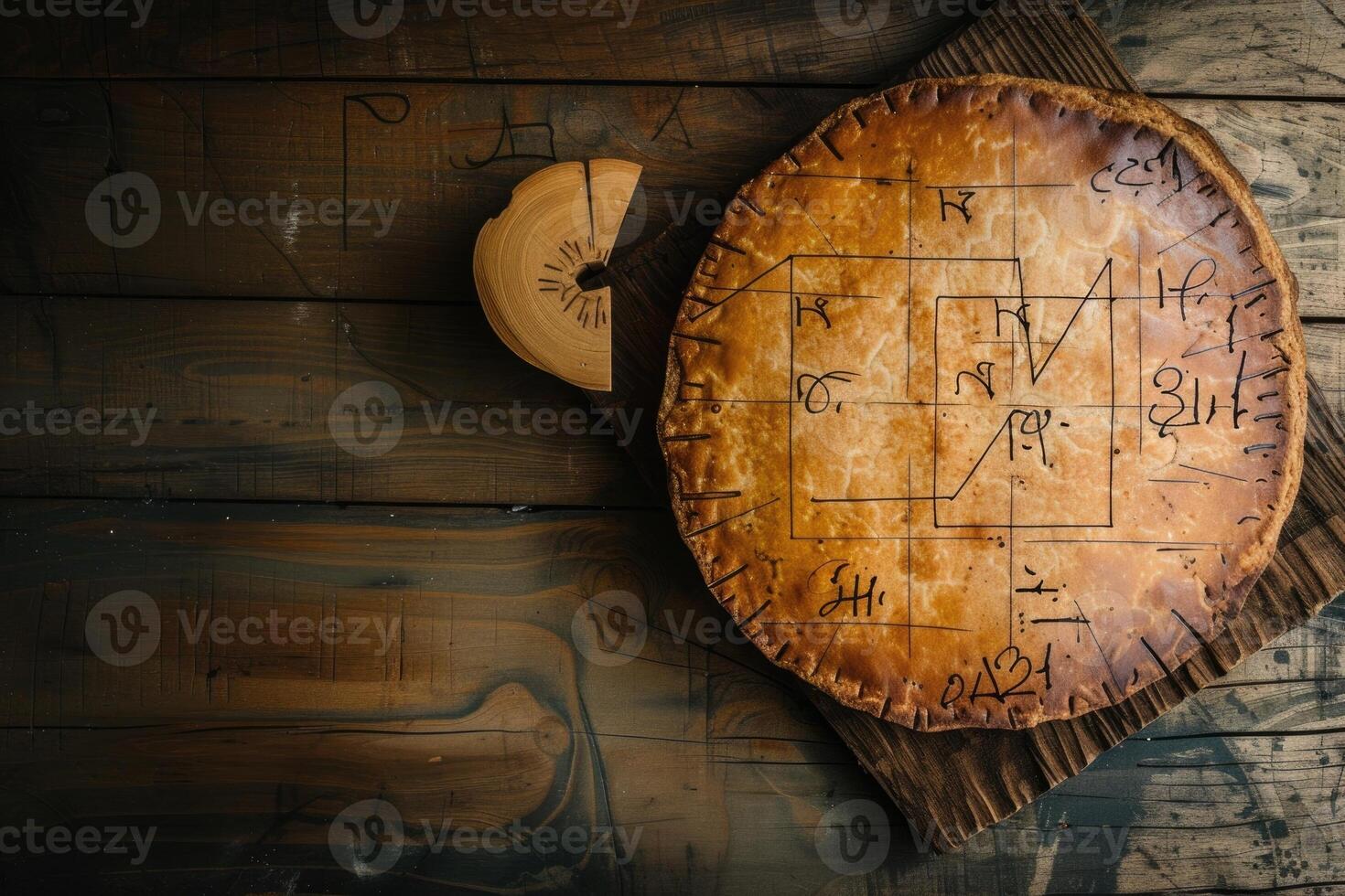 A pie with a map on it sitting on a wooden table photo