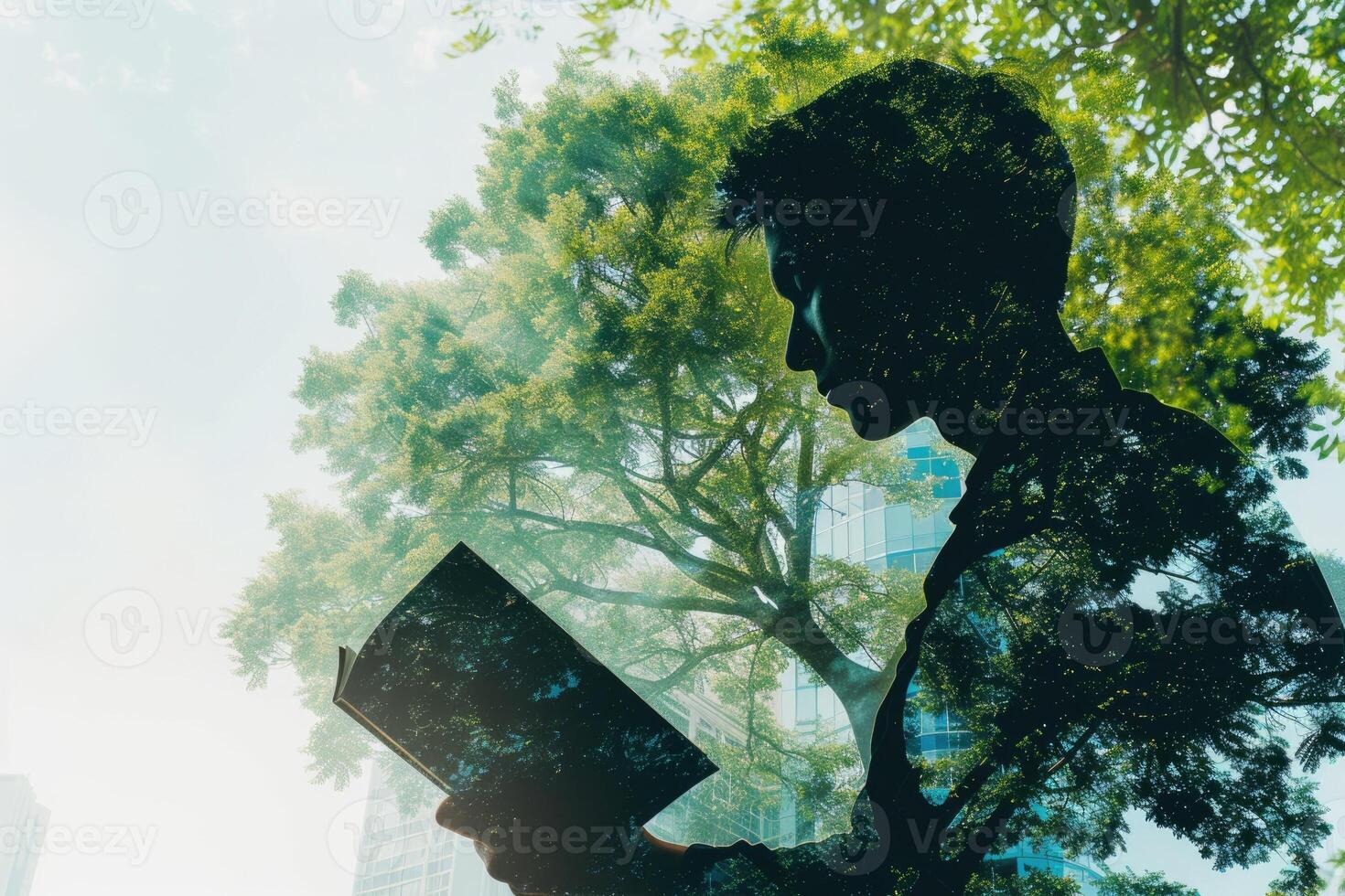 A man reading a book in front of a tree photo