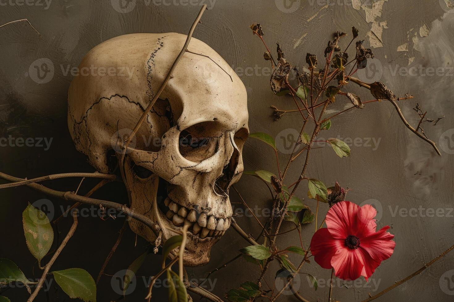 A skull and a red flower on a wall photo