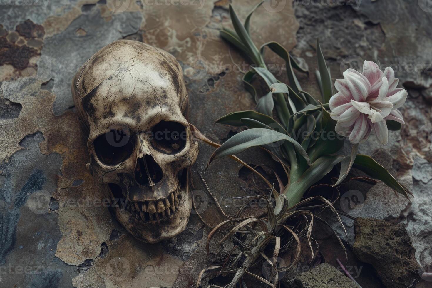Skull and flowers on a wall photo