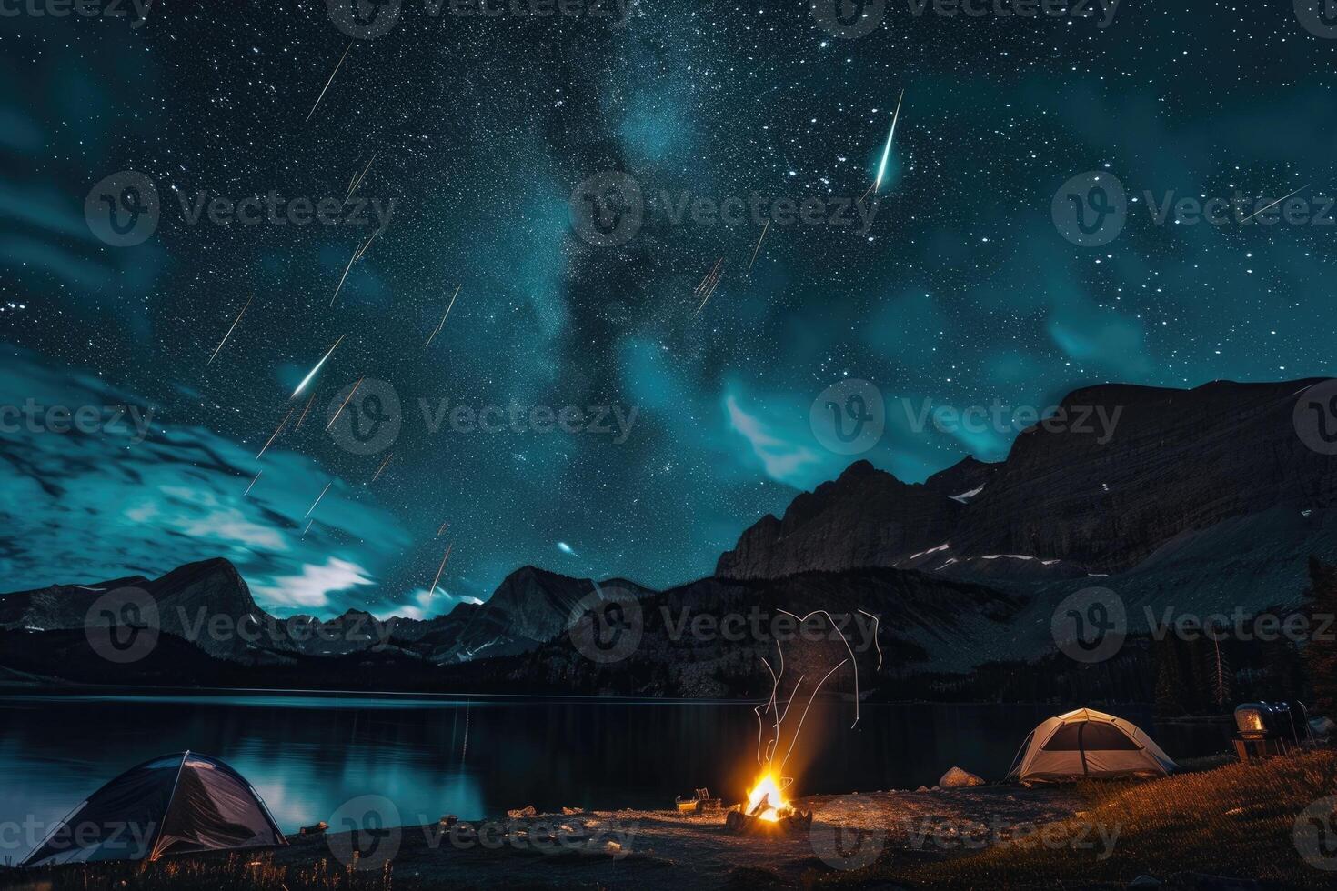 Camping at night with stars and meteors over the lake photo
