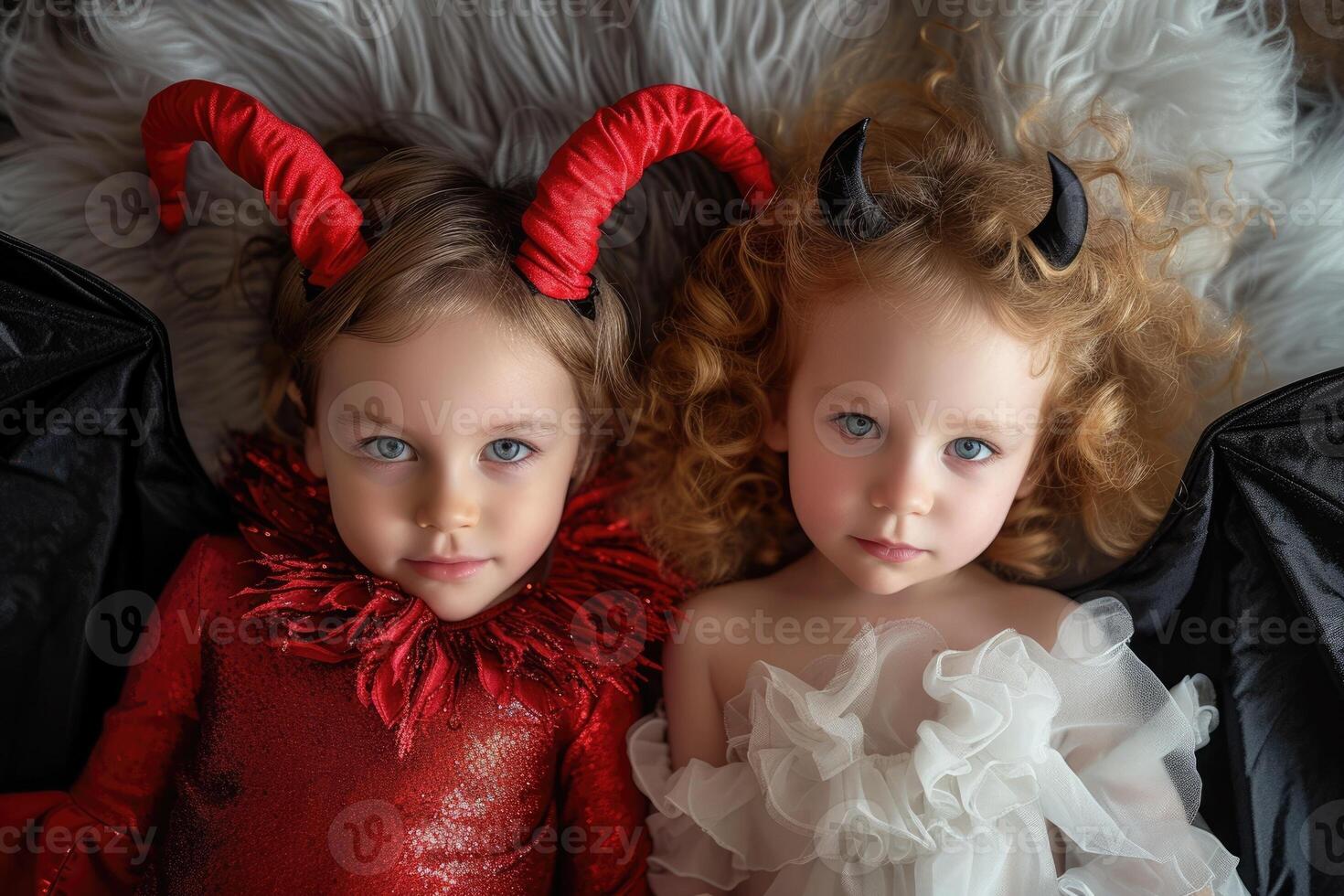 Two little girls dressed up as devil and angel photo