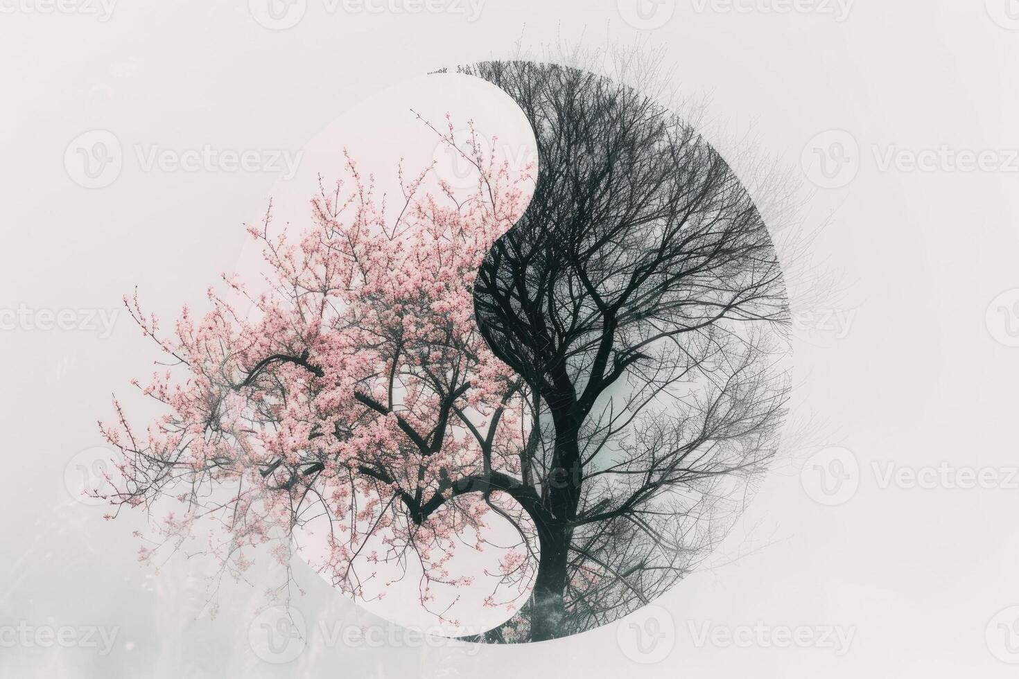 A tree with a pink blossom in the middle of a white background photo