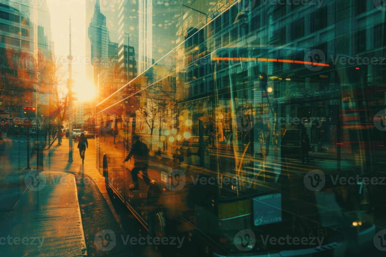 A blurry photo of a city street with a bus