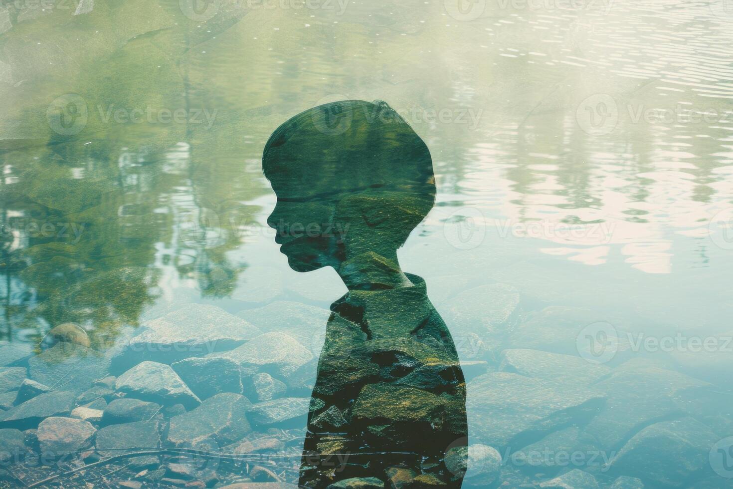 A person standing in front of a body of water photo