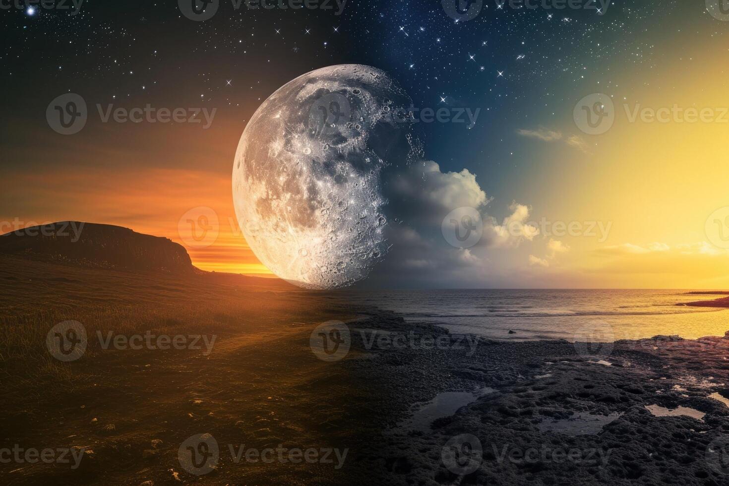 The moon and the sun are shown in the same image photo