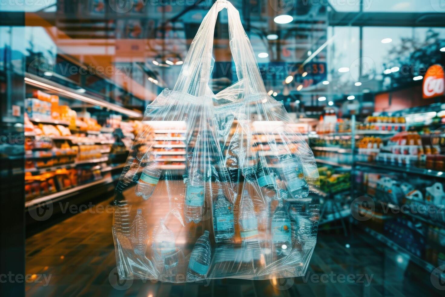 A plastic bag is hanging in front of a store photo