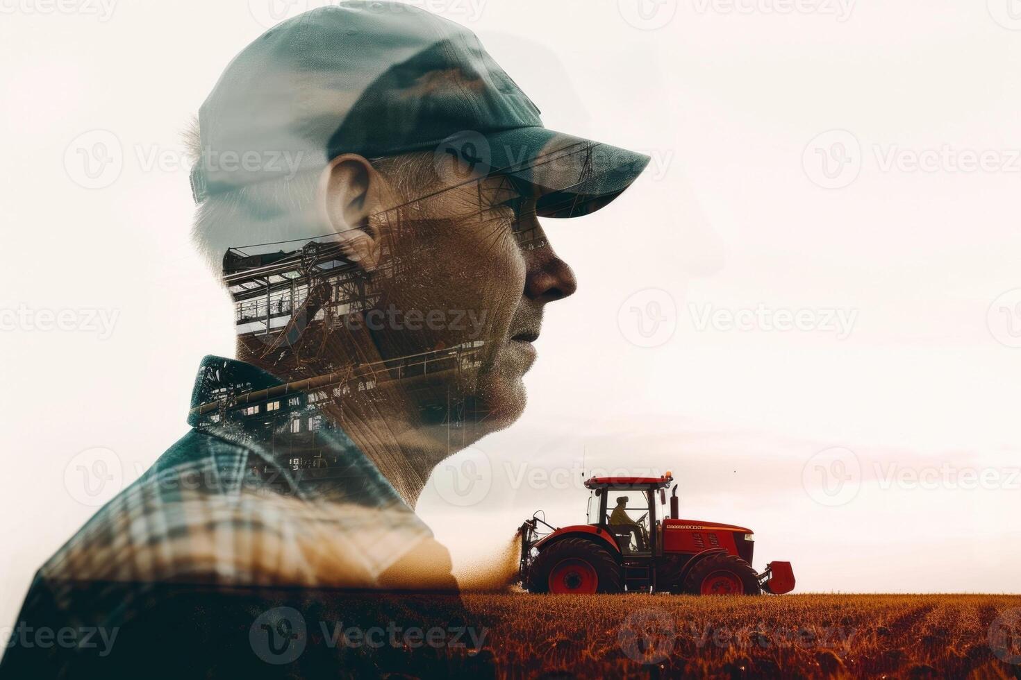 Double exposure of farmer with tractor in field photo