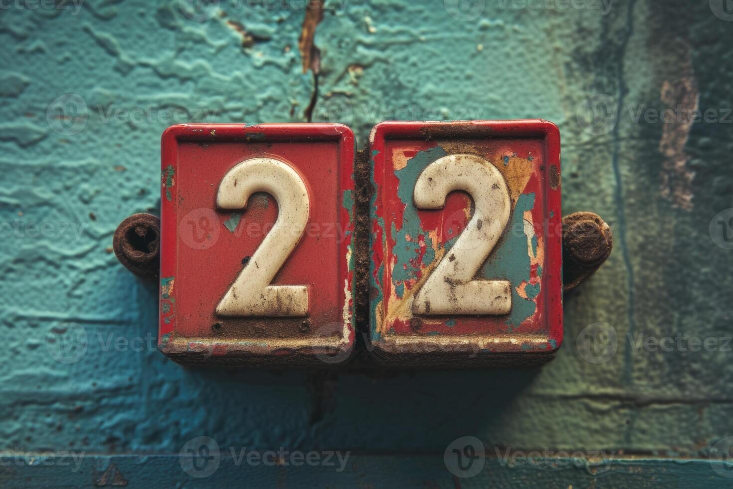 Two red and white numbers on a blue wall photo