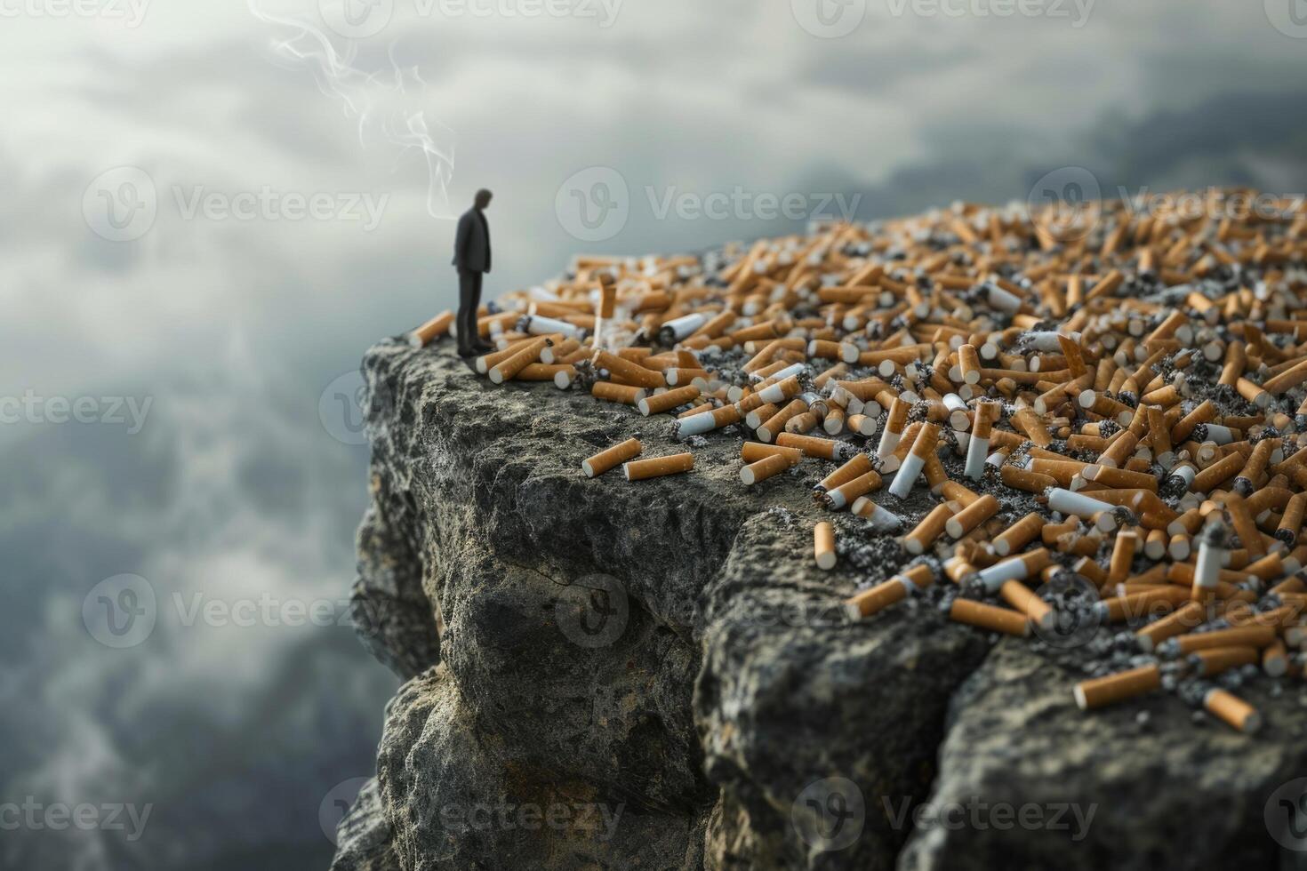 A man standing on a cliff with cigarettes in his hand photo