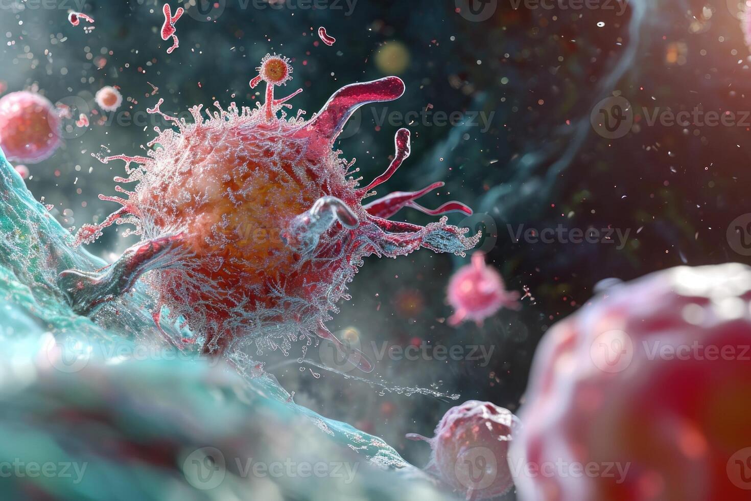 Cancer cells are shown in a 3d rendering photo