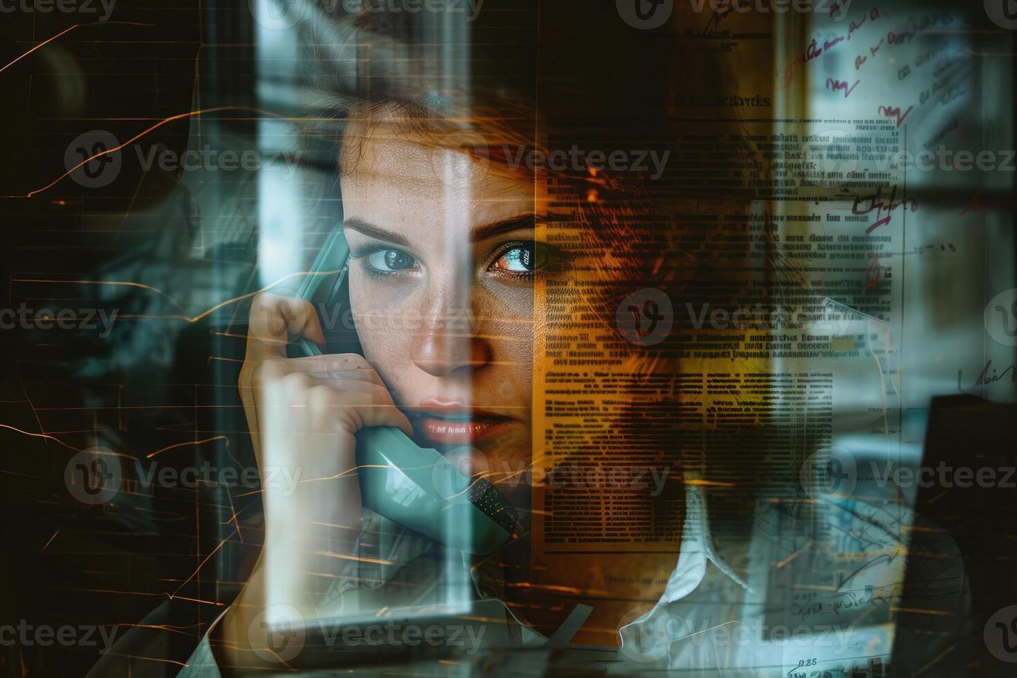 A woman talking on the phone in front of a window photo