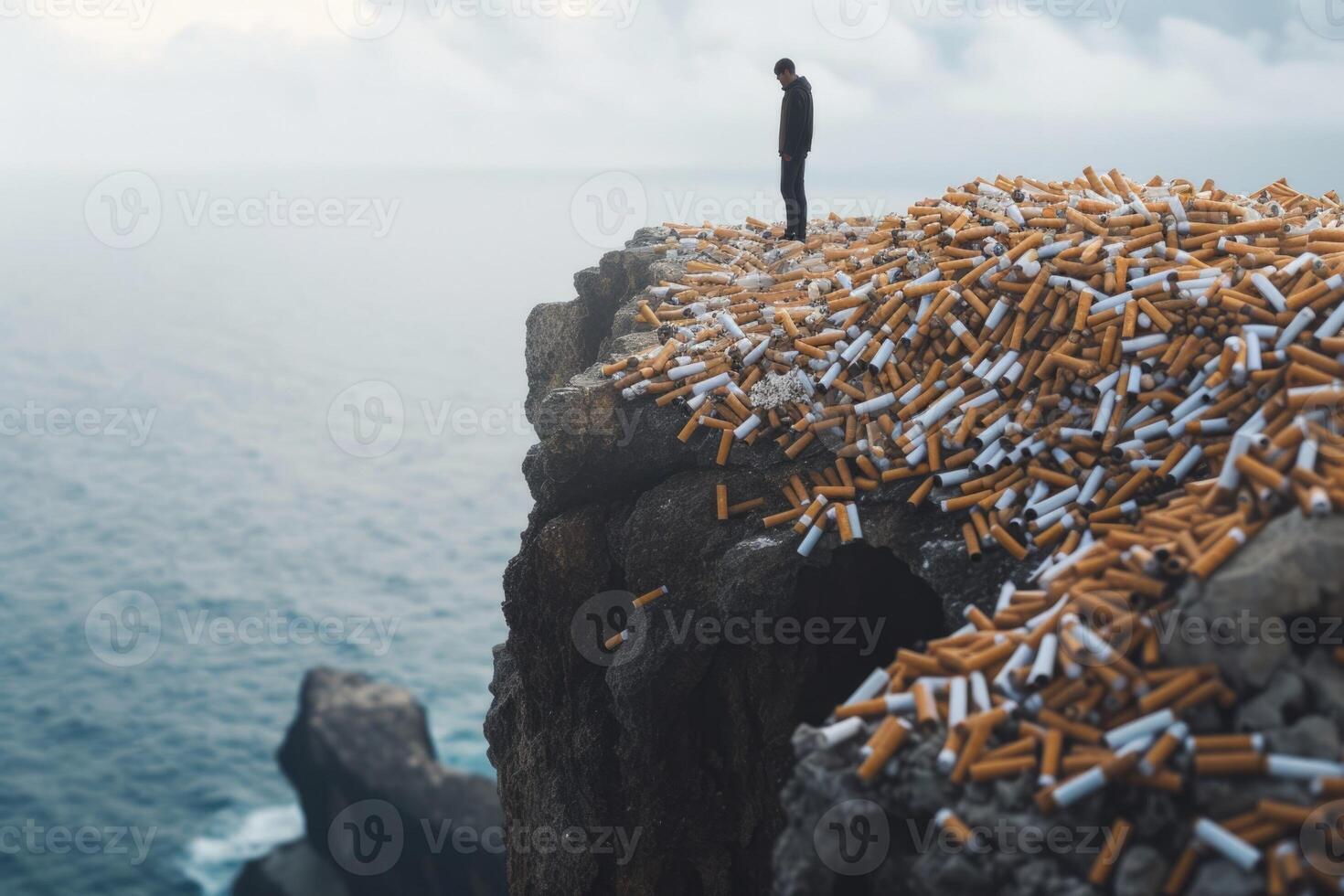 Man standing on the edge of a cliff with cigarettes on the ground photo