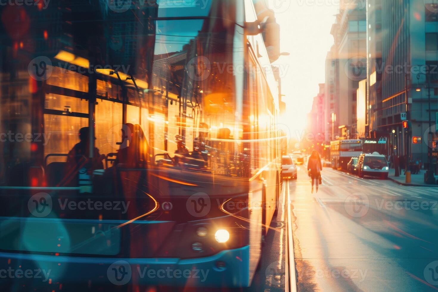 A bus driving down a city street with the sun setting behind it photo