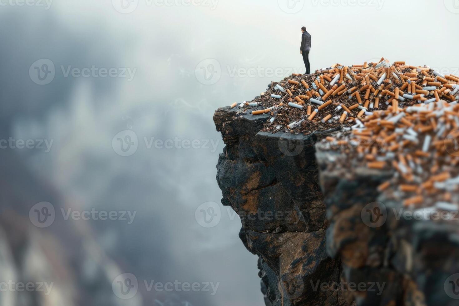 A man standing on top of a cliff with cigarettes photo