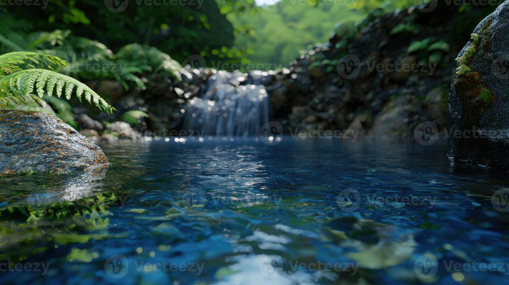 A waterfall in a lush green forest photo