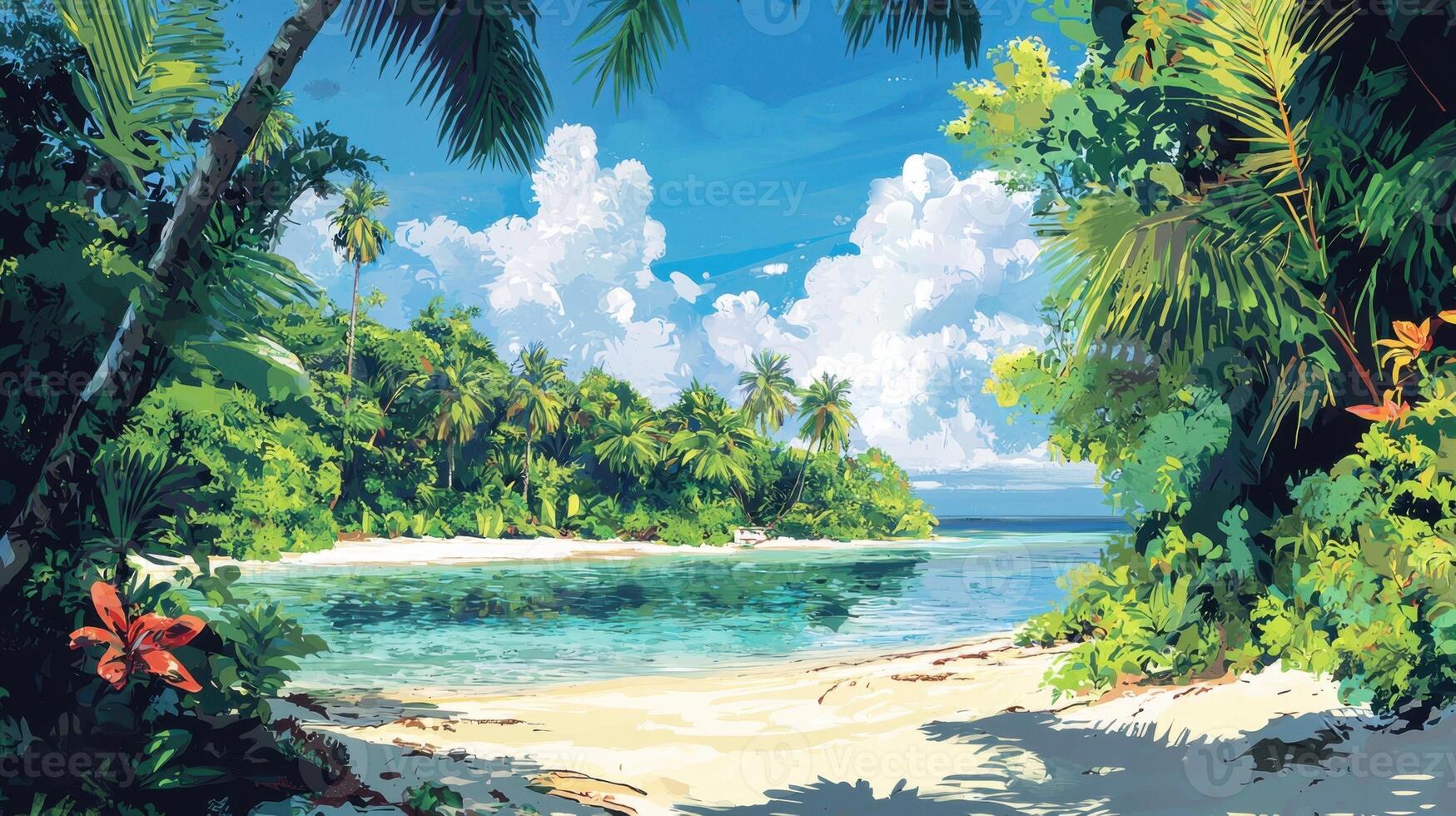 A painting of a tropical beach with palm trees photo