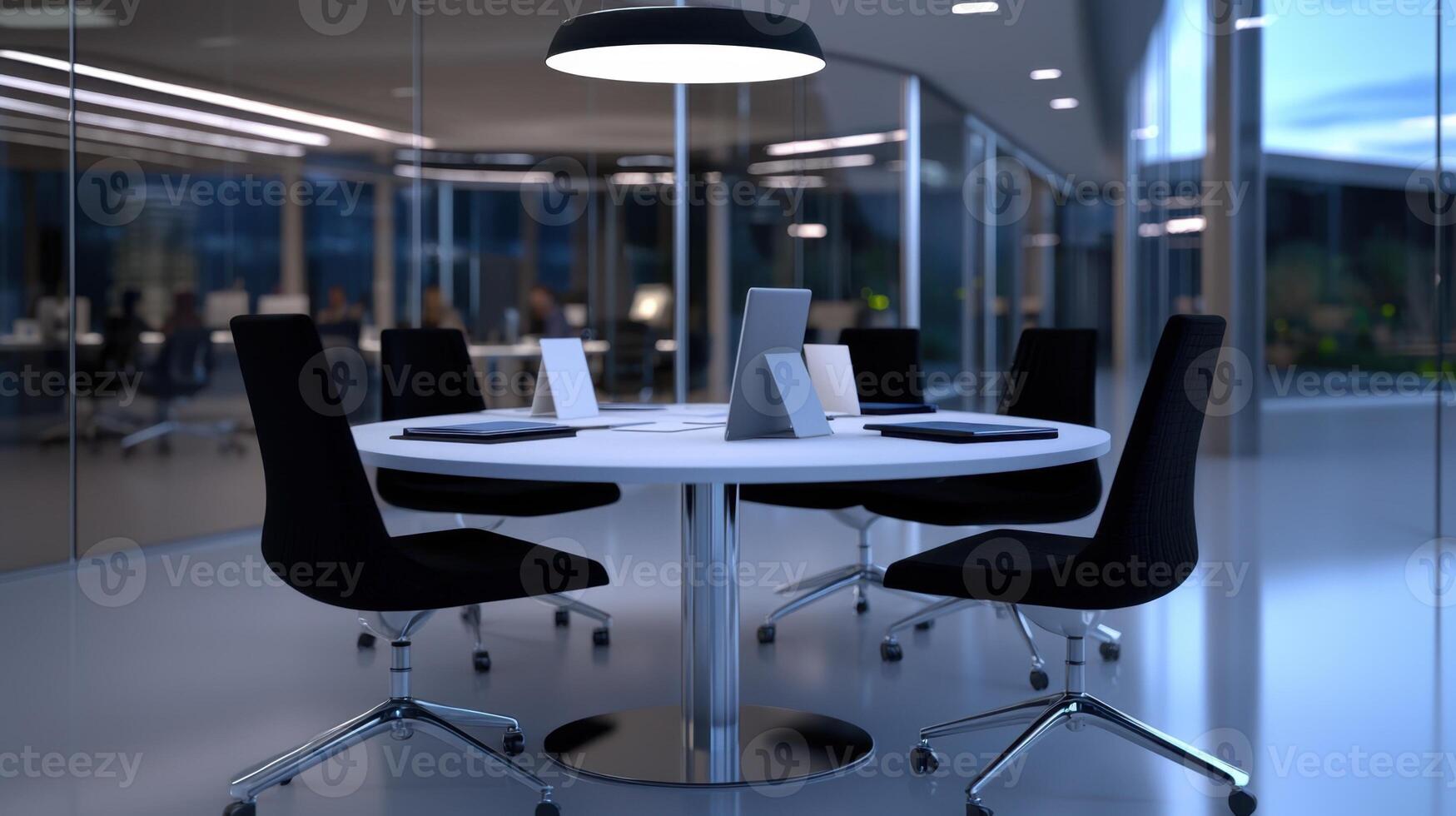 A conference room with a table and chairs photo
