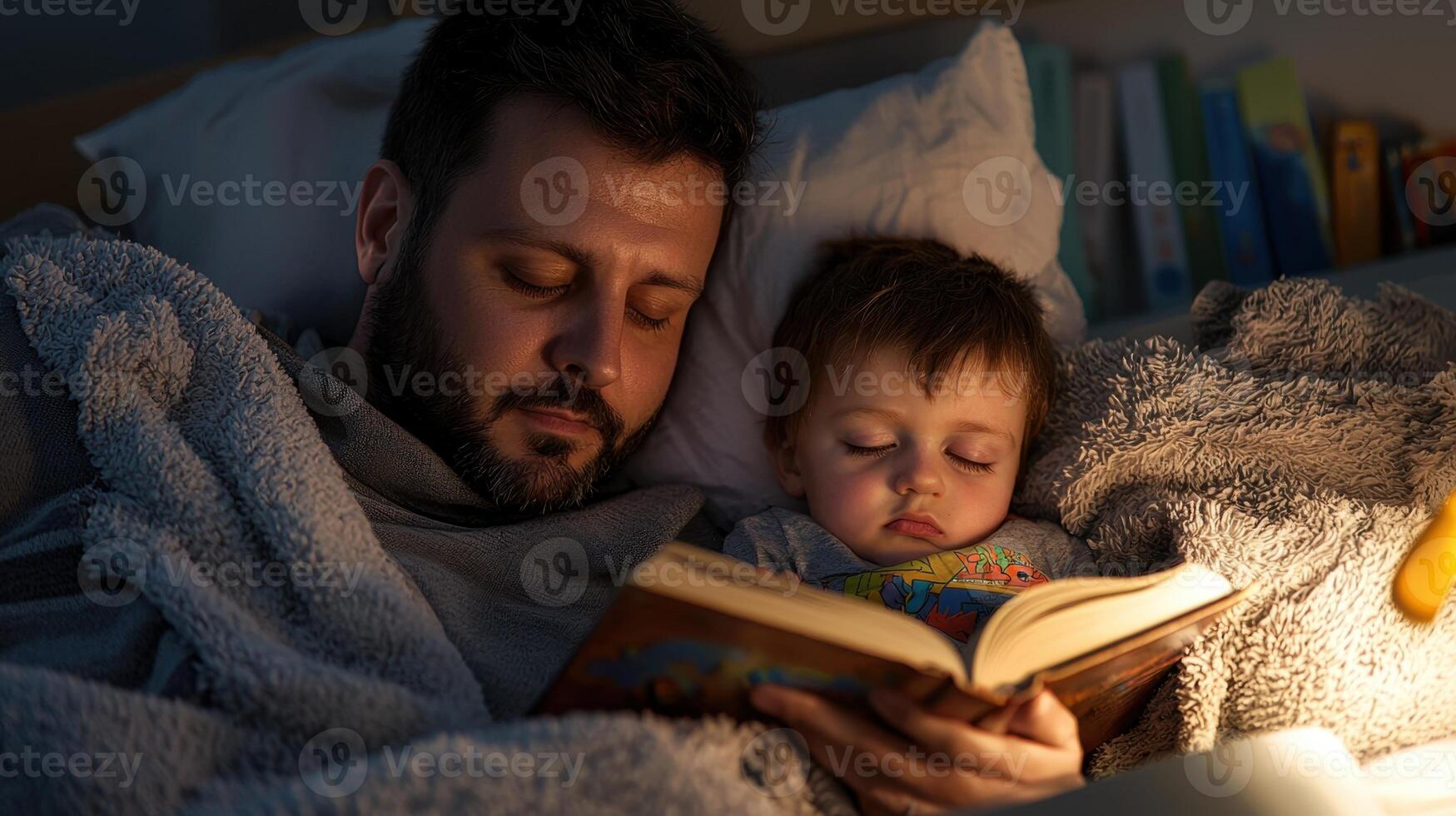 A man and child reading a book in bed photo