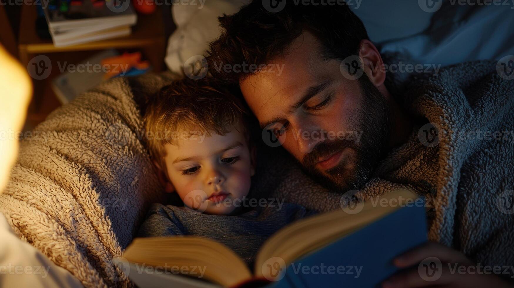 A man and a child reading a book at night photo