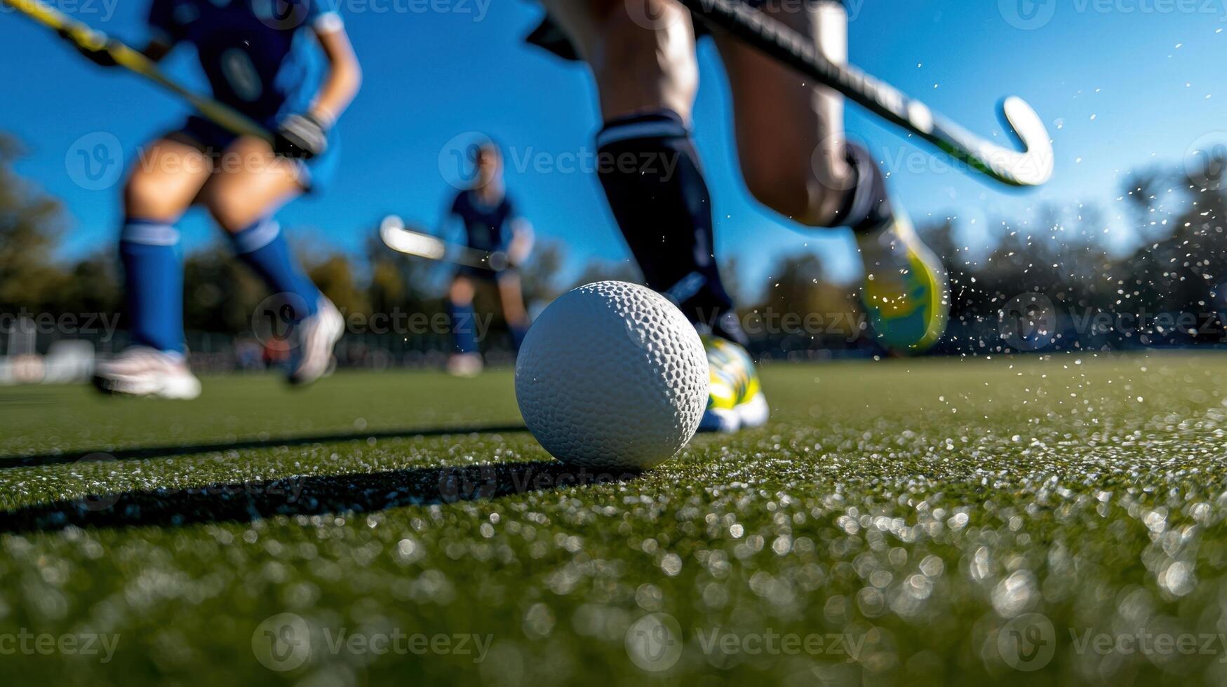 A field hockey ball is being kicked by a player photo