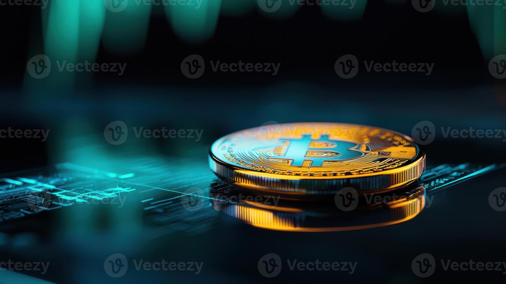 Bitcoin on a table with a graph and a bitcoin price chart photo