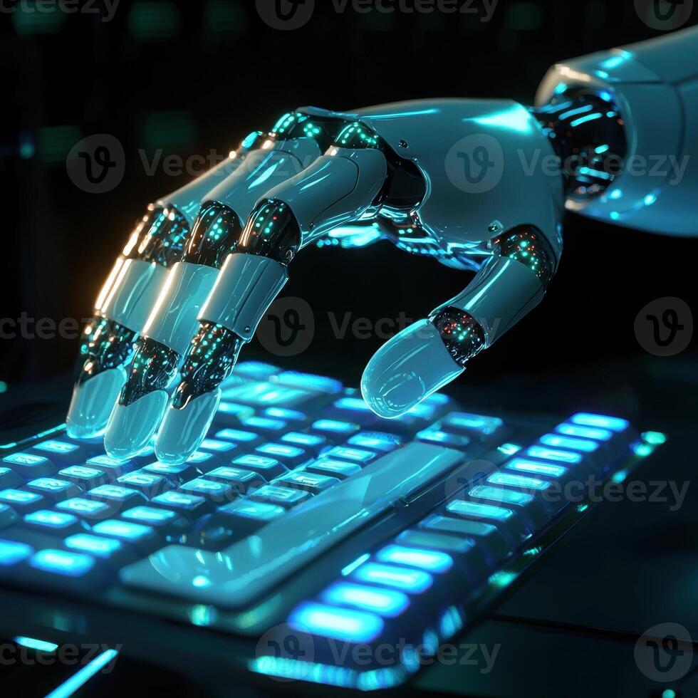 A robot hand is typing on a keyboard photo
