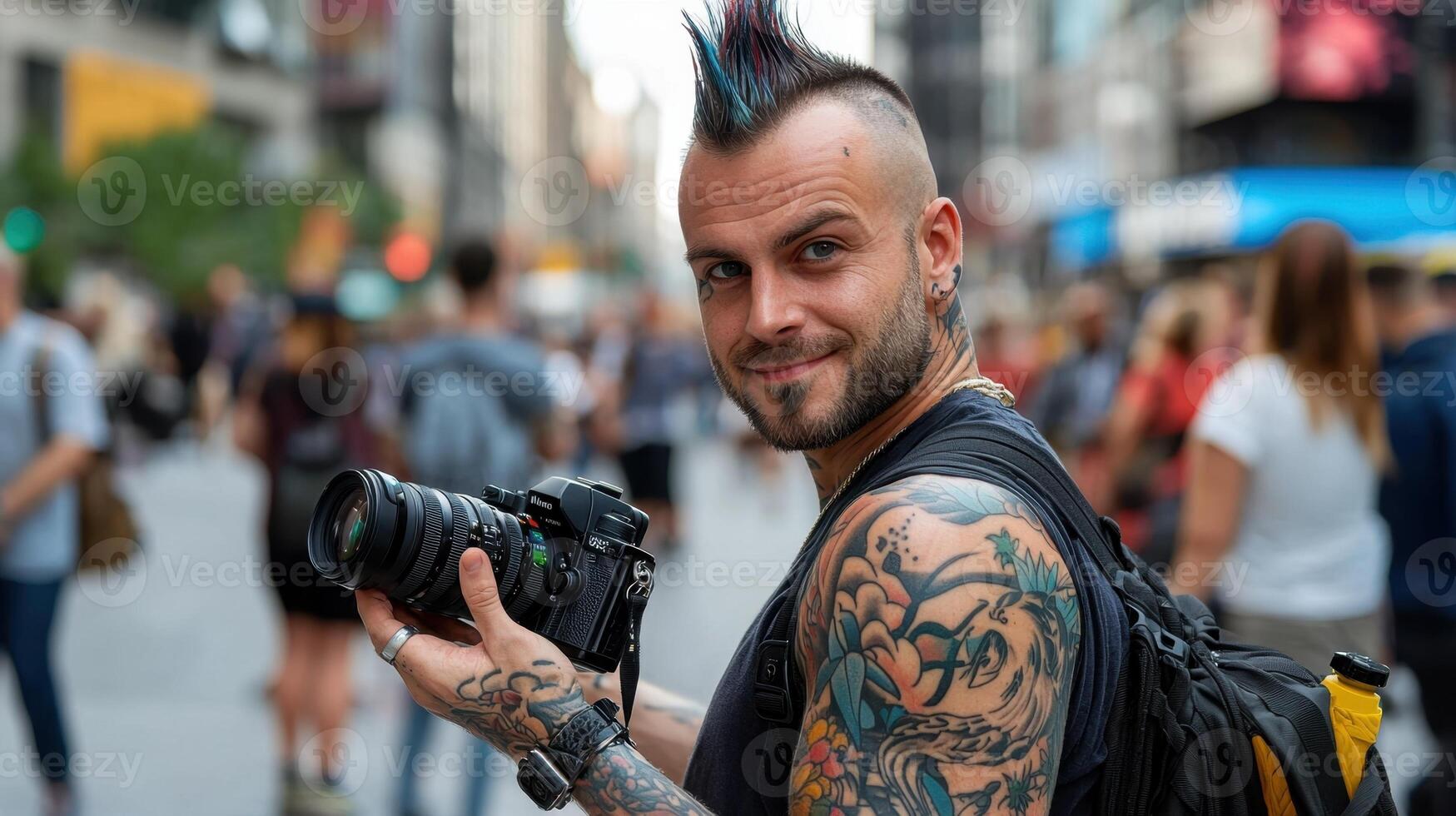 A man with tattoos holding a camera photo