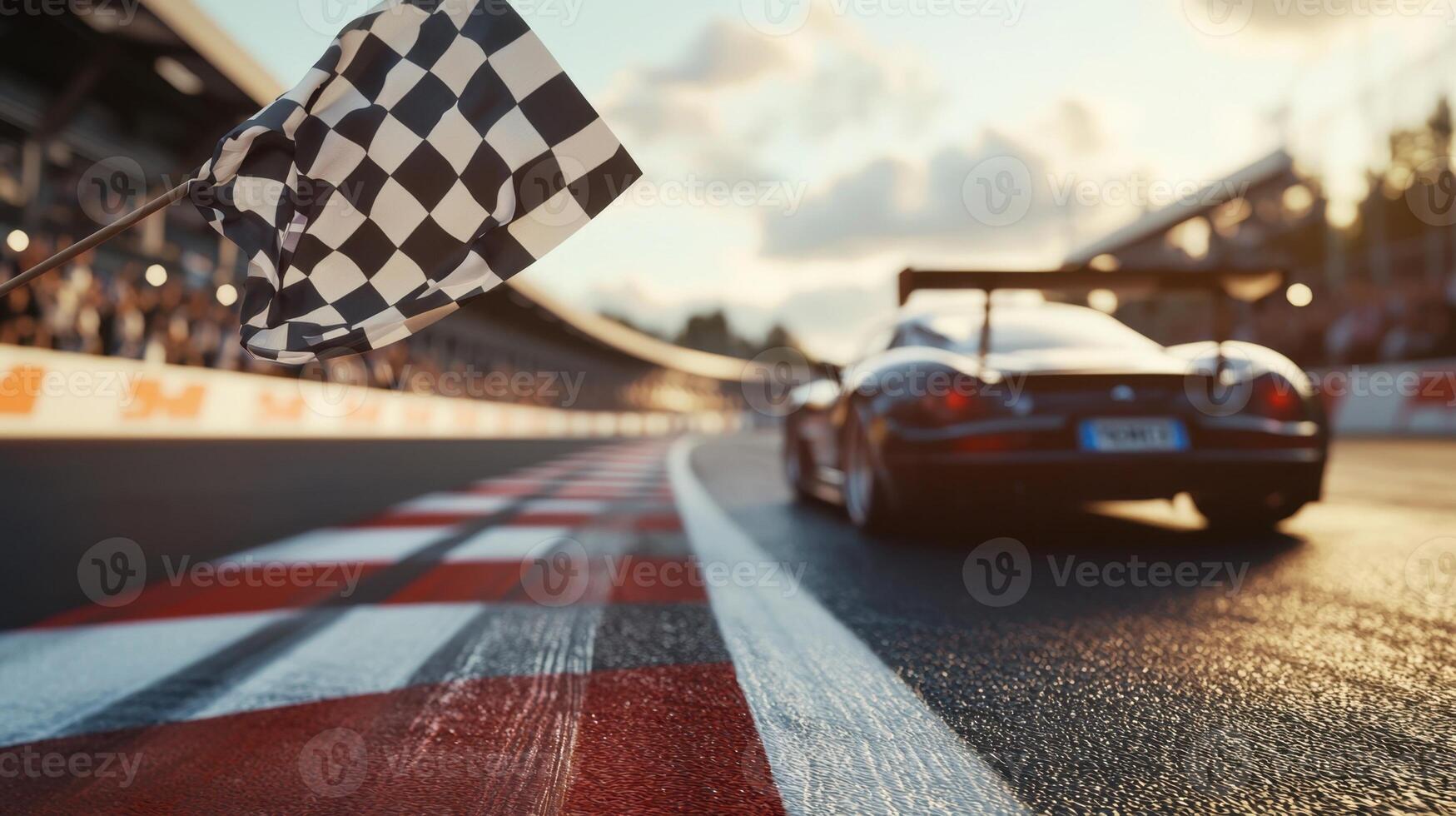 A checkered flag is flying in the air next to a race car on a track photo