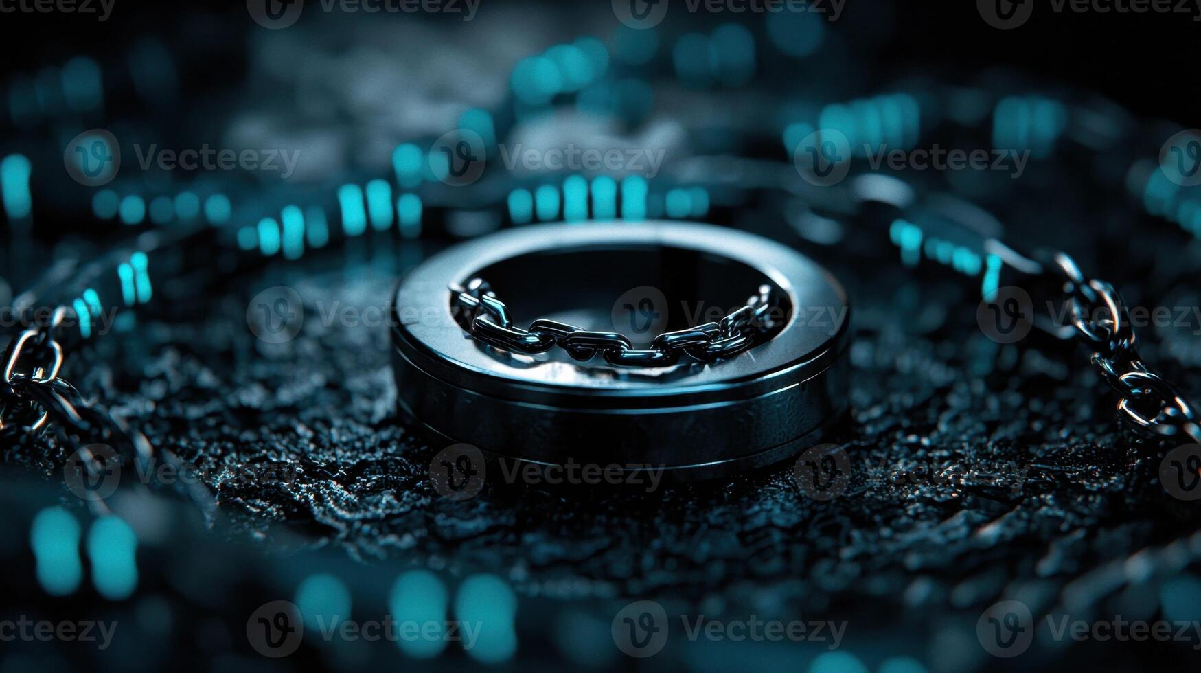 A silver ring with a chain around it is on a dark surface photo
