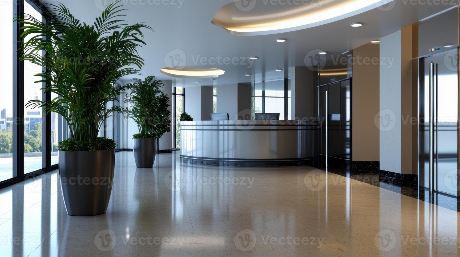 A modern office lobby with large windows and a reception desk photo