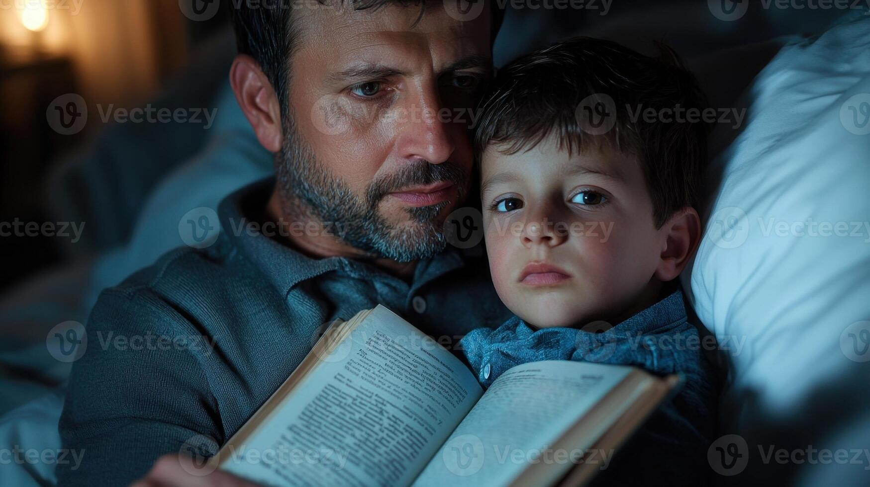 A man and a boy reading a book at night photo