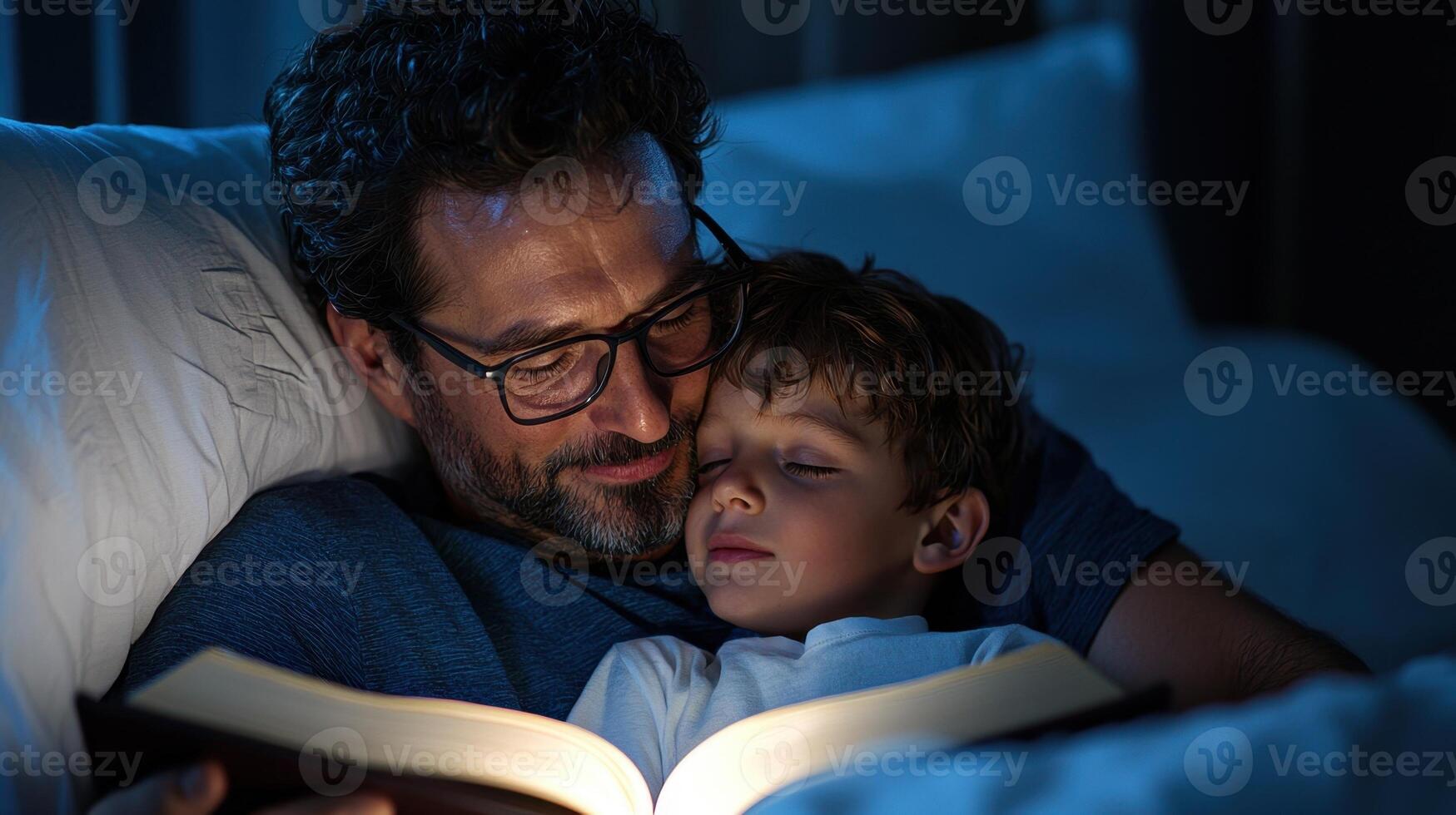 A man and a child reading a book at night photo