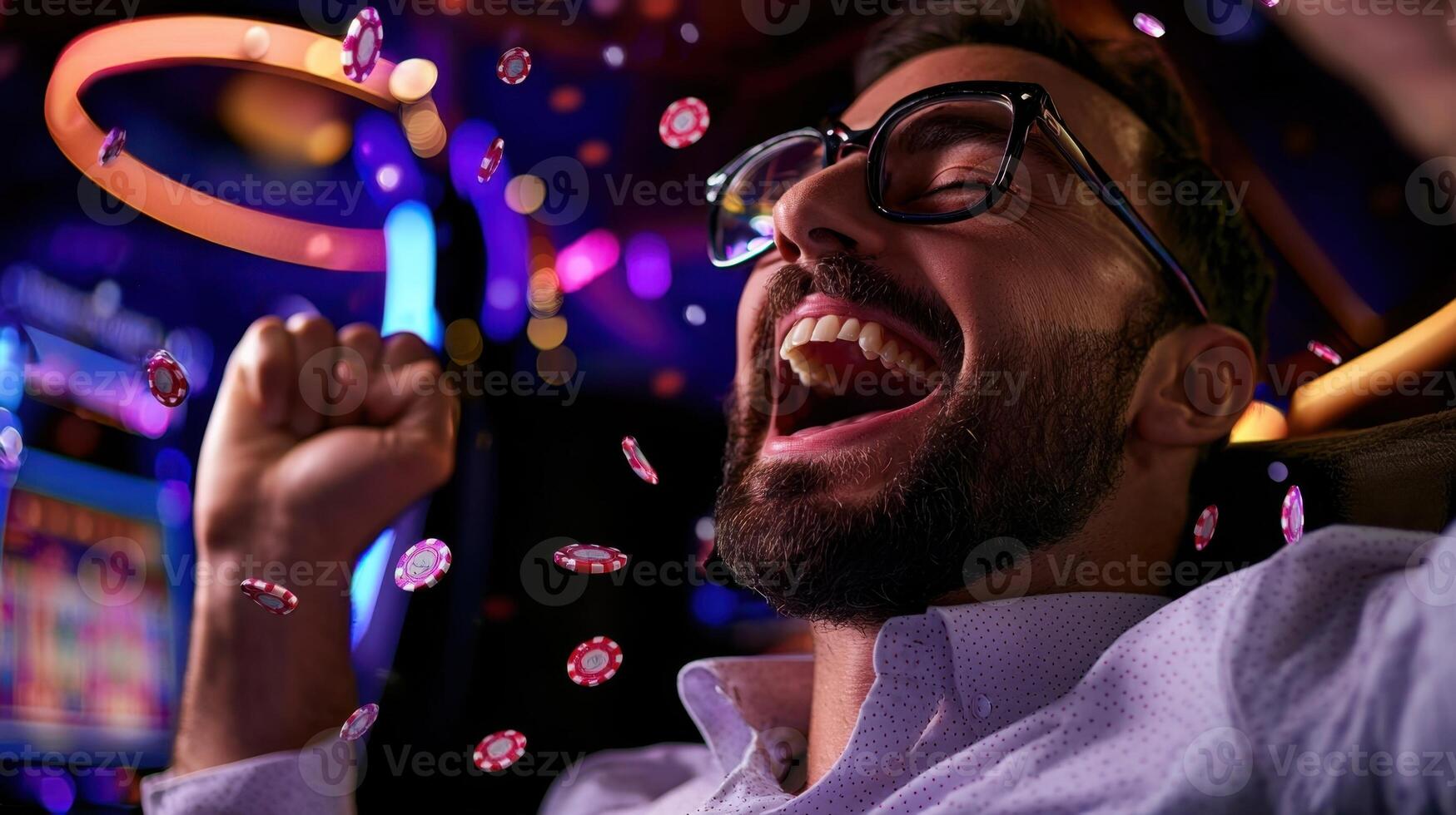 A man with glasses and a beard is laughing while playing a casino game photo