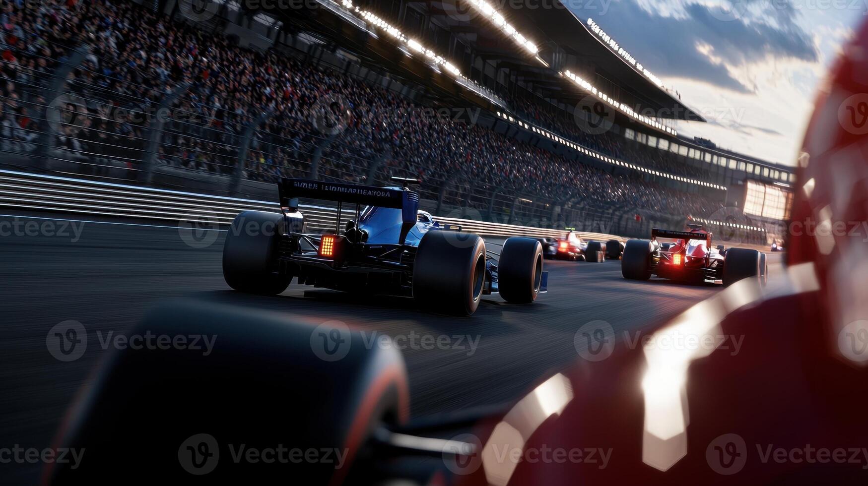 A race is going on with a bunch of cars on a track photo