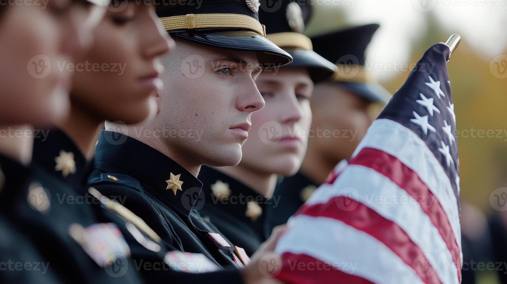 A group of military men stand in a line and hold a flag photo