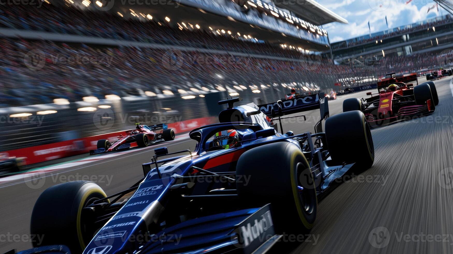 A racing game with a blue car in the lead photo