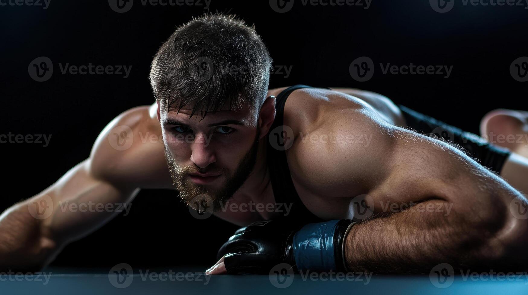 A man with a beard and a black tank top is laying on the ground photo