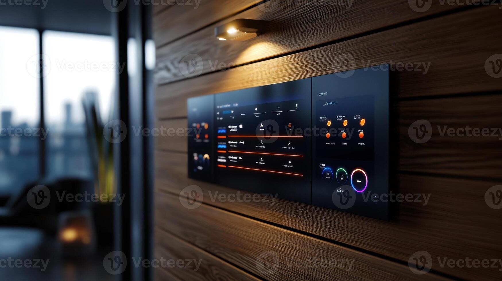 A wall mounted display with a digital screen showing a city view photo