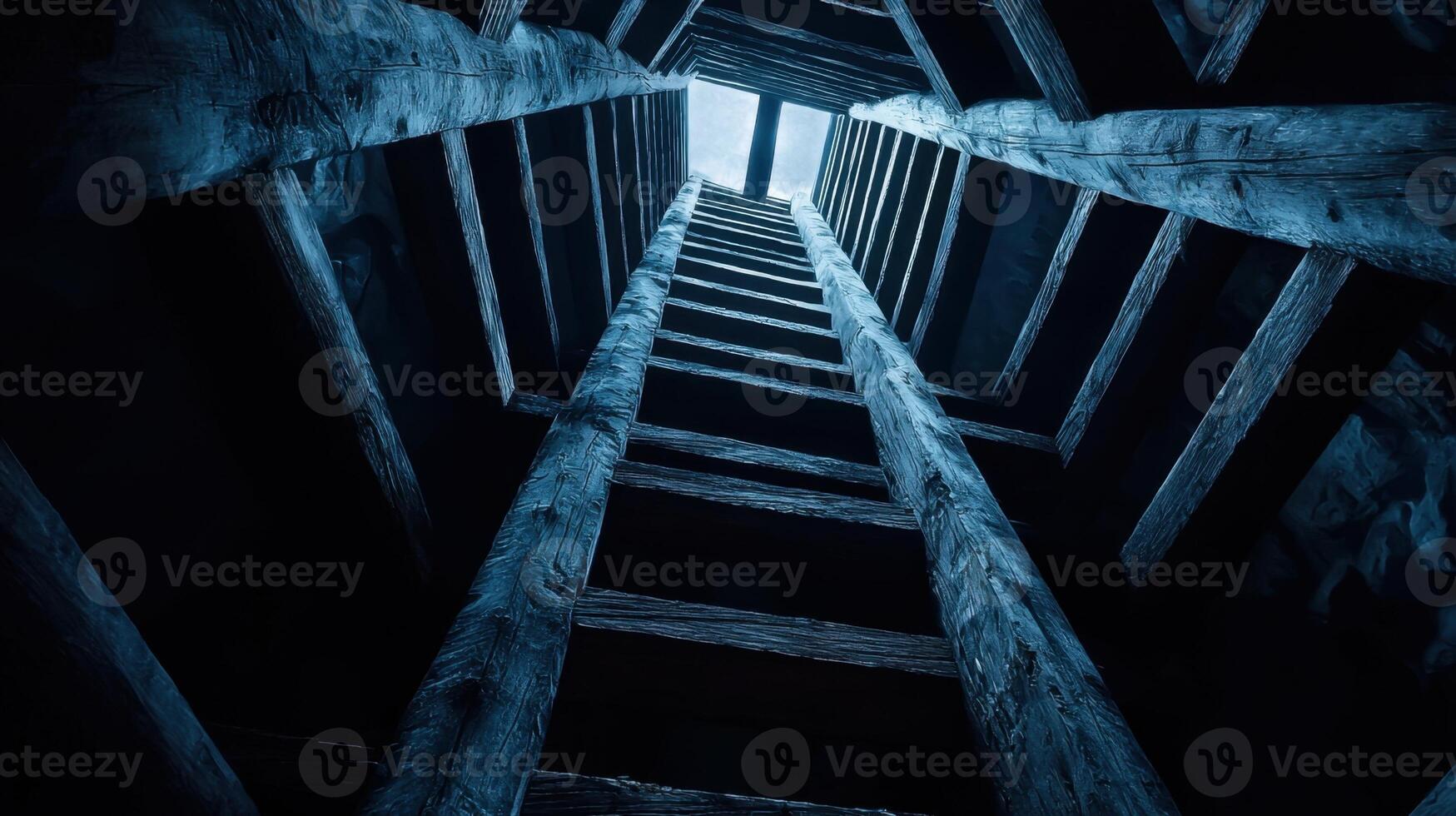 A dark blue image of a building with a ladder leading up to the top photo