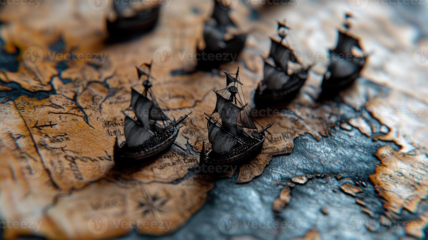 A map of the world with a group of small ships on it photo