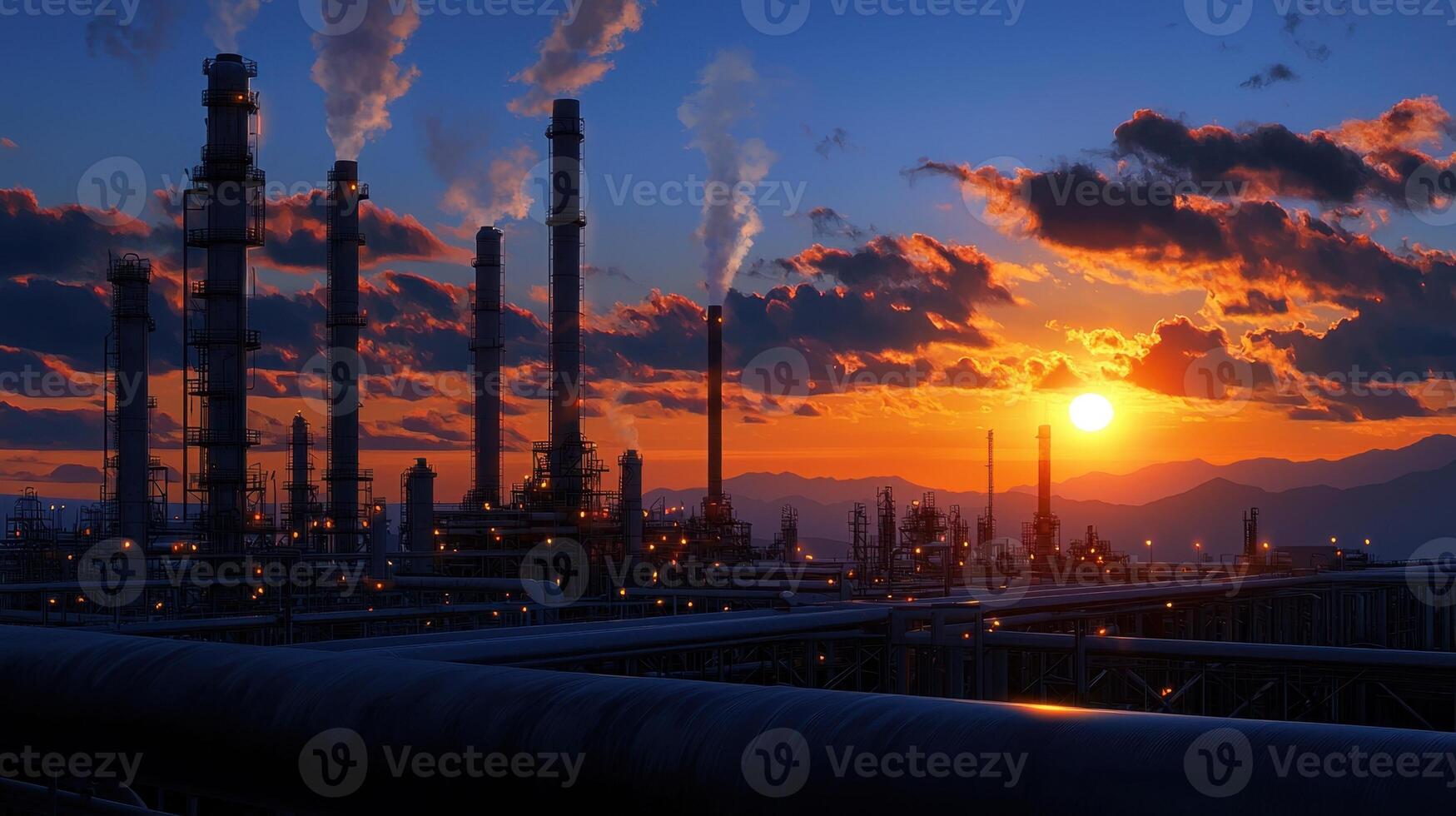 A sunset over a city skyline with a large industrial plant in the background photo