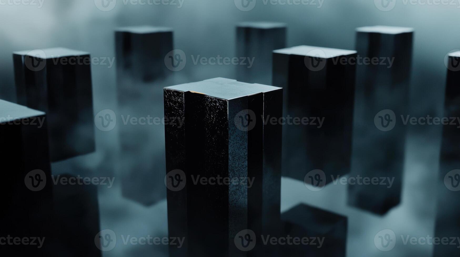 A series of black cubes are floating in the air, with a hazy photo