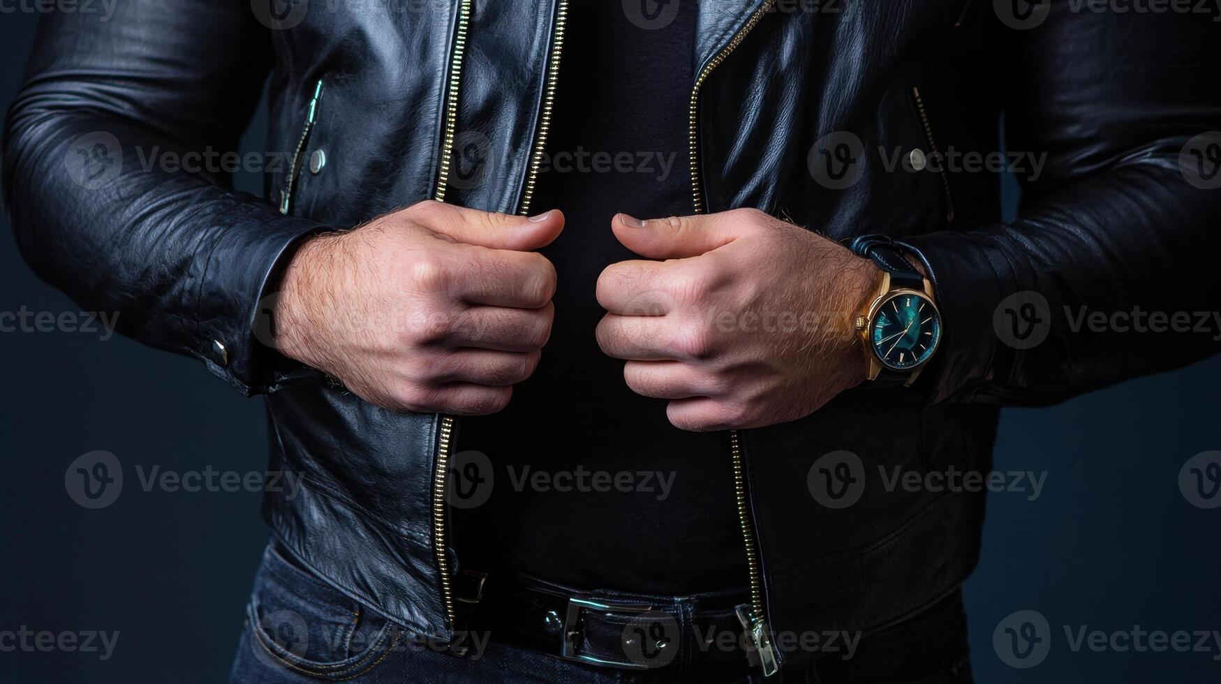A man wearing a black leather jacket and a watch photo