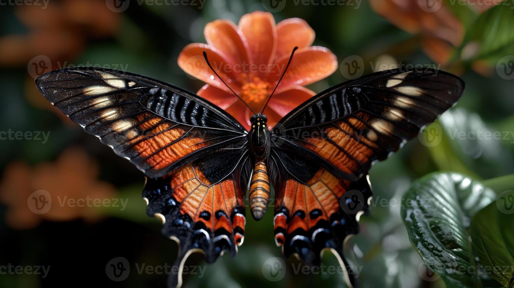 A black and orange butterfly is sitting on a flower photo